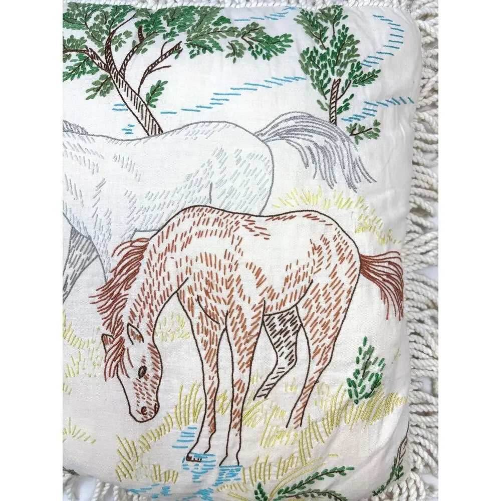 Hand-crafted Rustic Equestrian Fringed Throw Pillow Horse Design Vintage 1980s